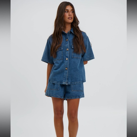 The Bronze Snake Delaney Denim Set Dark Blue Short Sleeve Jean Top Shorts Coord - Picture 9 of 14